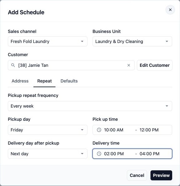 Weekly Friday pickup from 10 AM to noon, with next-day delivery from 2 PM to 4 PM.