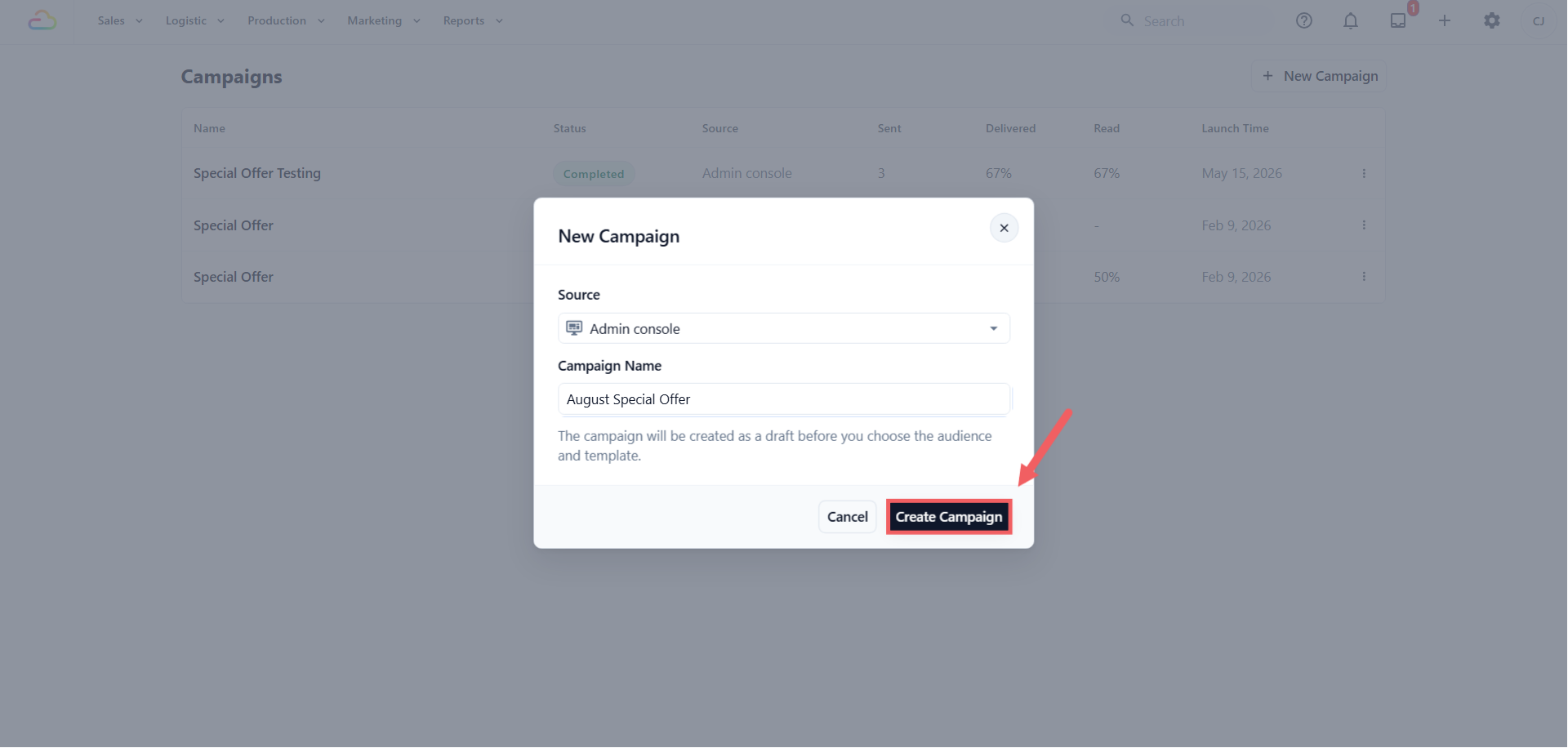 Insert source and campaign name then click "Create Campaign"