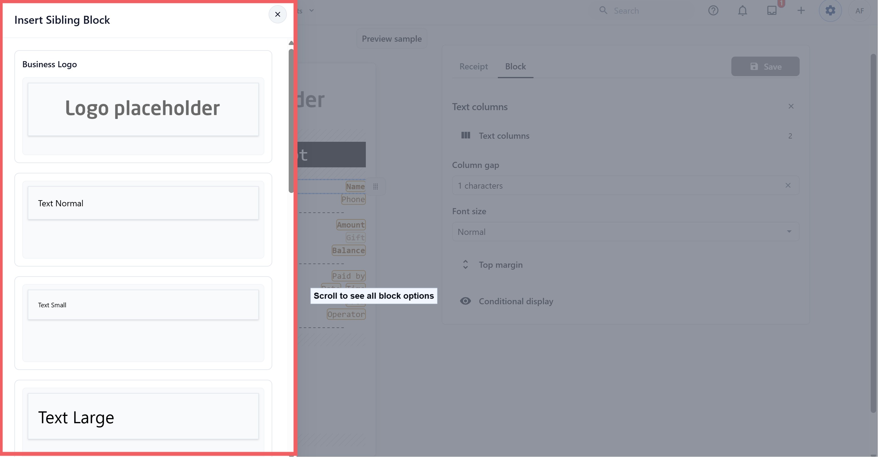 Click the insert button to add a logo, text, divider, blank line, signature, or PayNow QR.