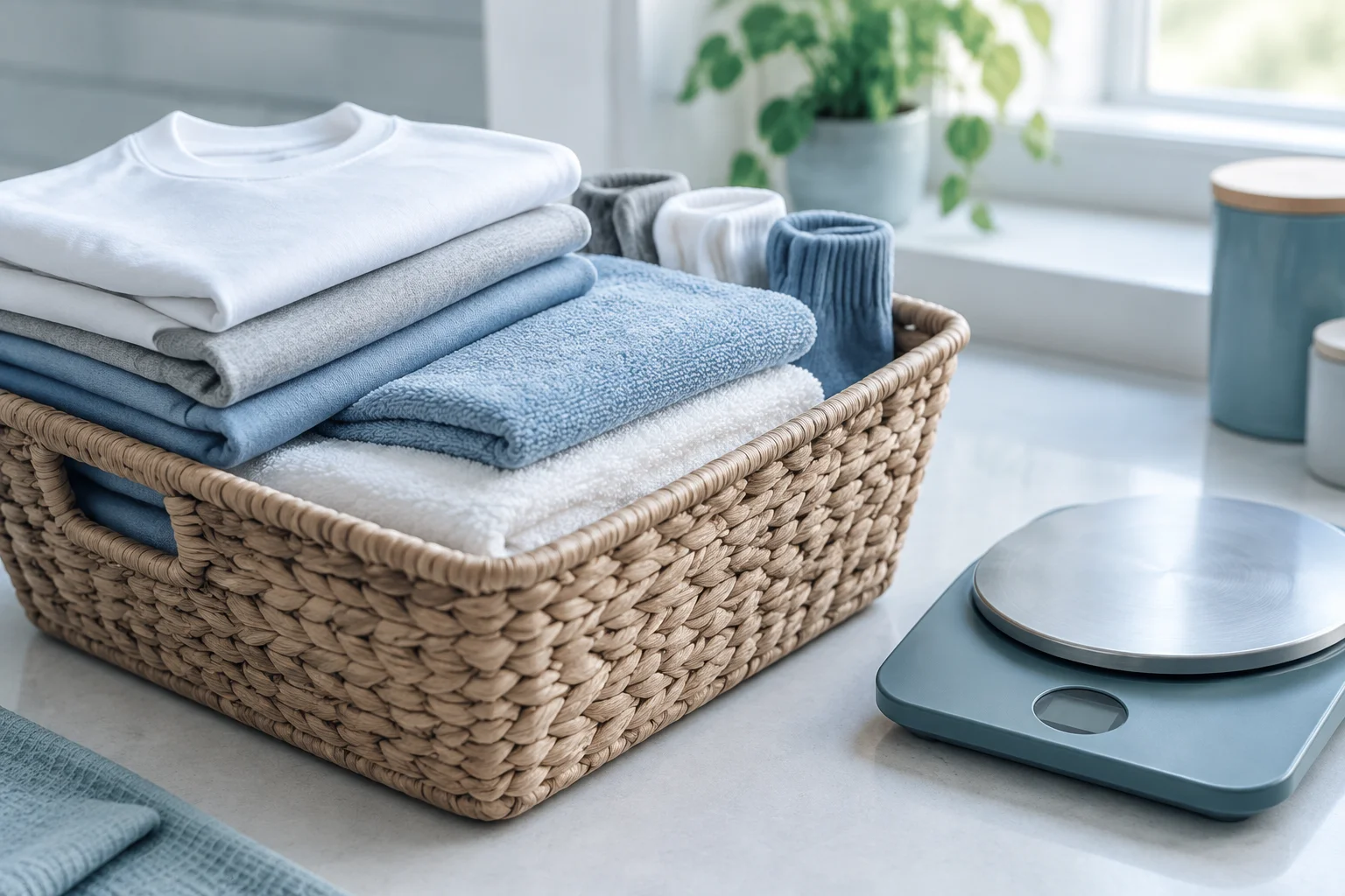 A woven basket of folded t-shirts and towels beside a small weighing scale