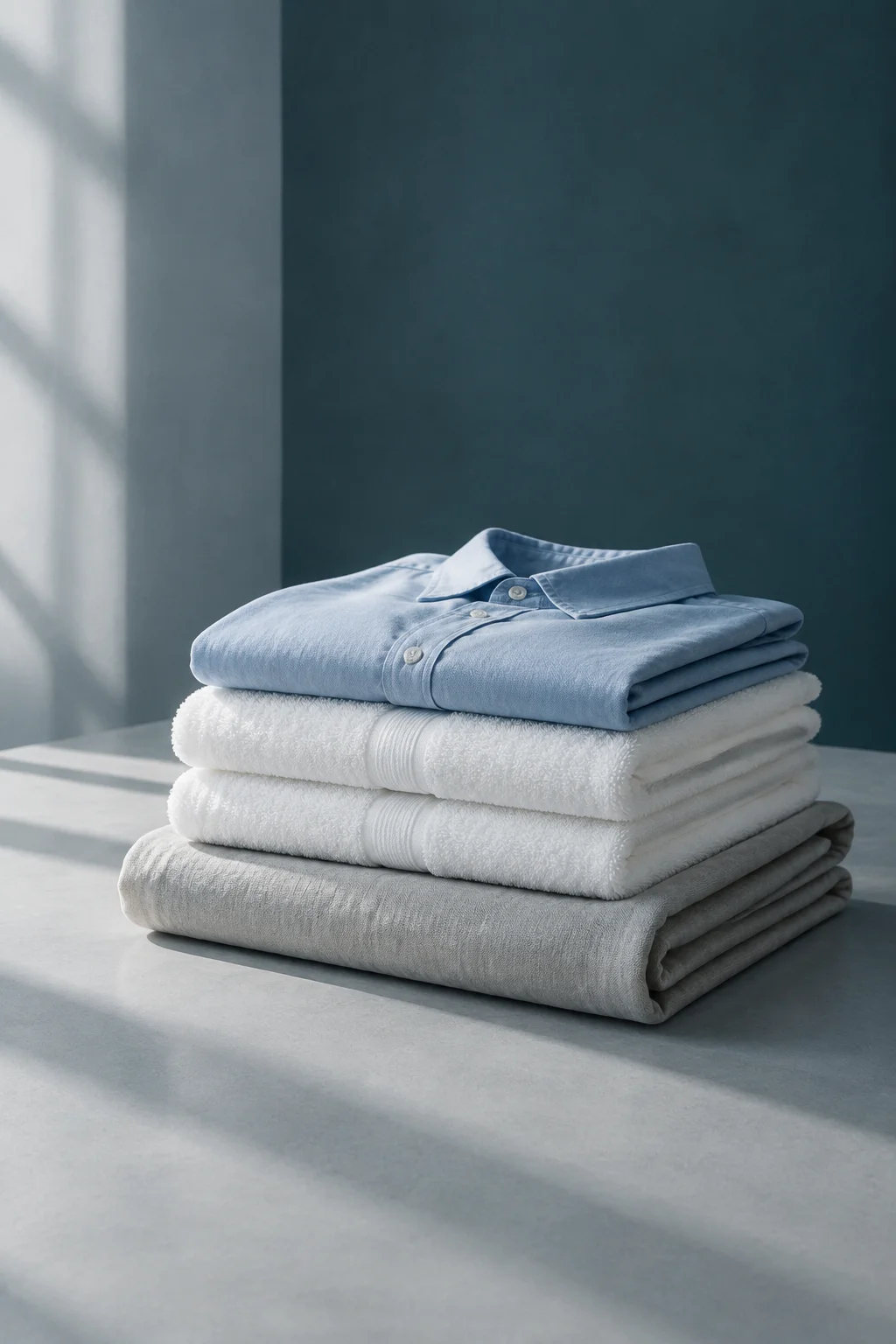 A stack of folded white towels, a pale blue shirt and a grey blanket on a pale surface