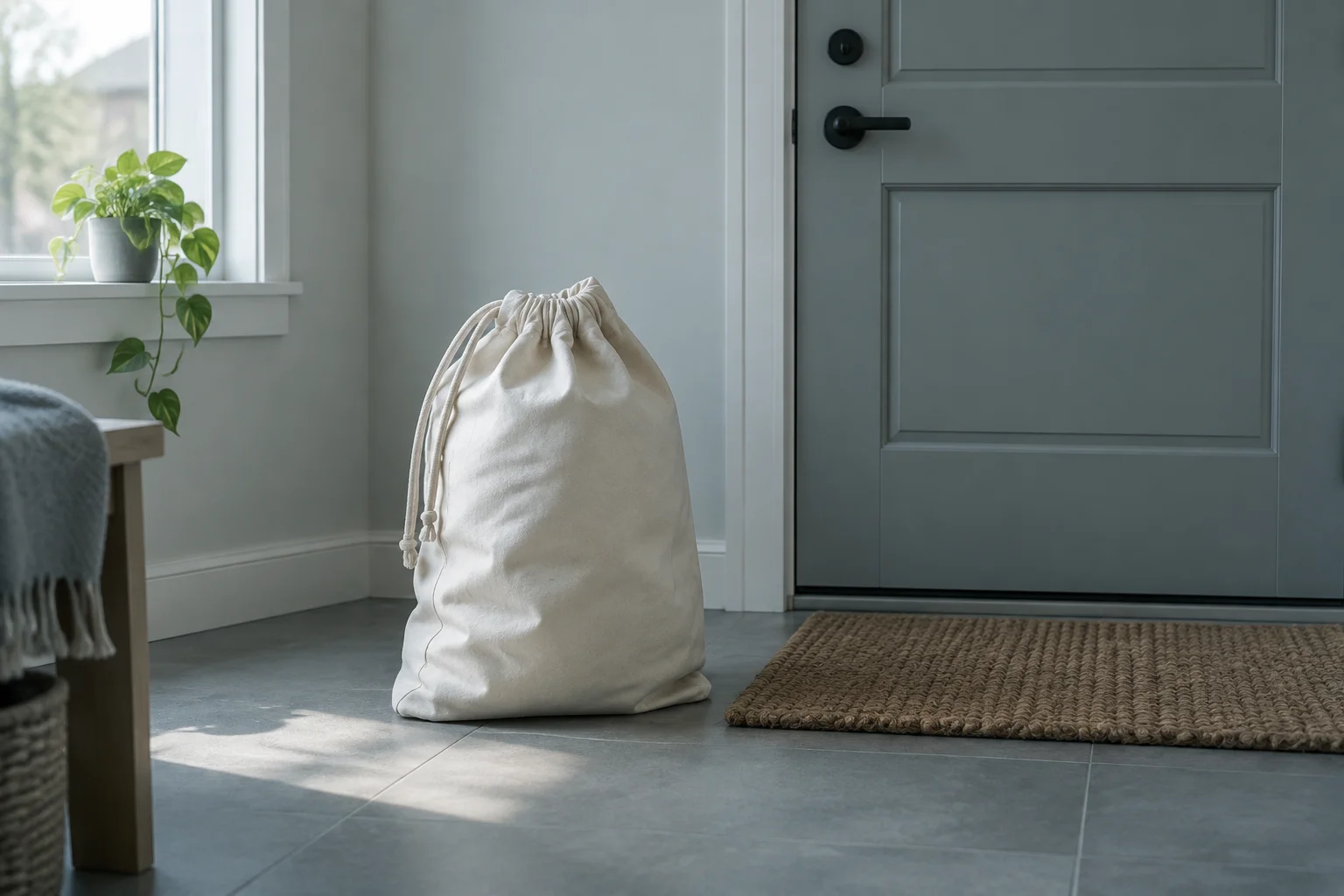 A cotton drawstring laundry bag standing on a clean apartment doorway floor