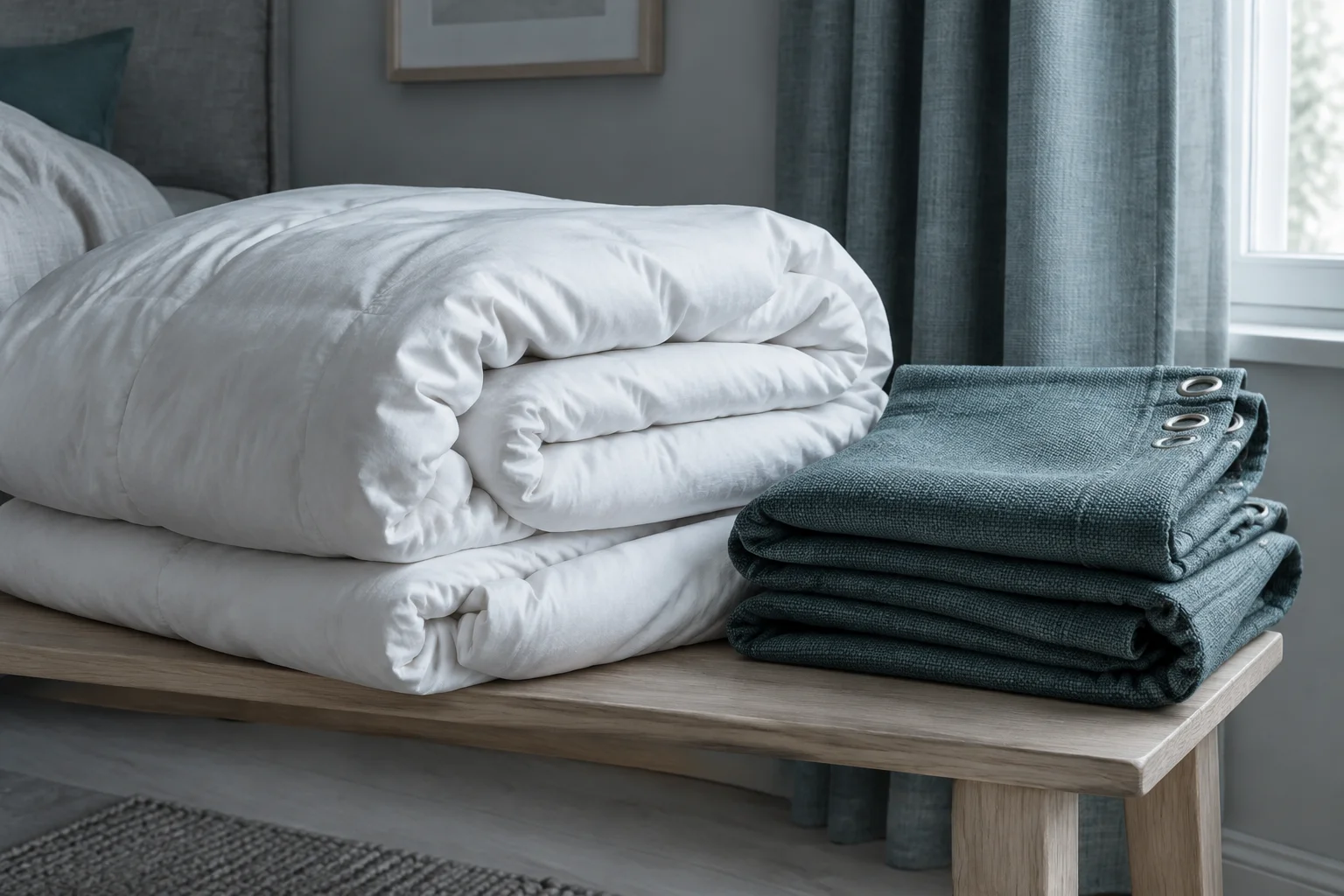 A folded white duvet and a heavy folded curtain stacked on a bench