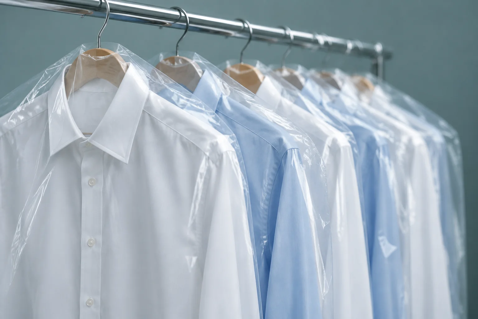 Pressed white and pale blue shirts in clear garment bags on a chrome rail