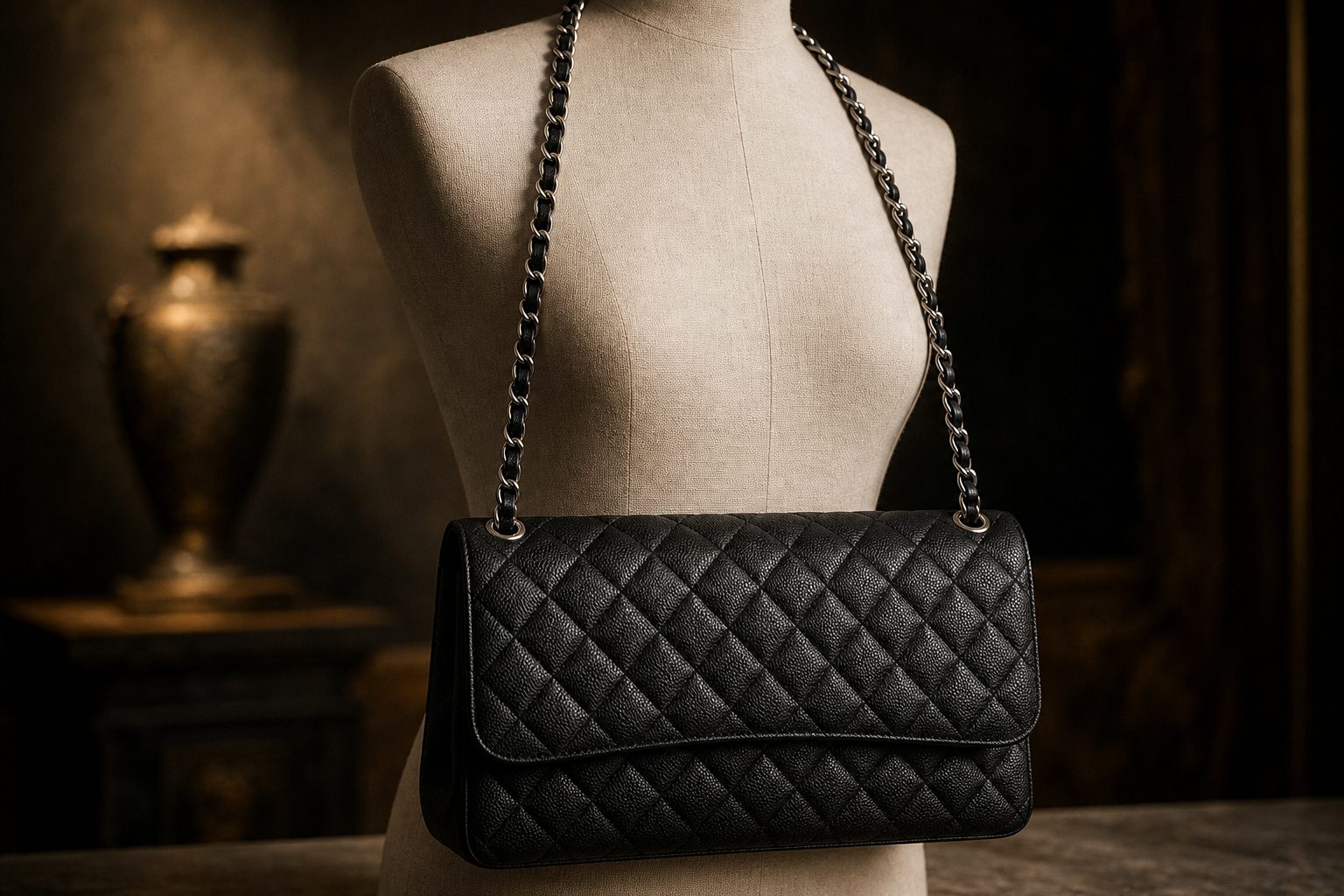After restoration: quilted flap chain reattached