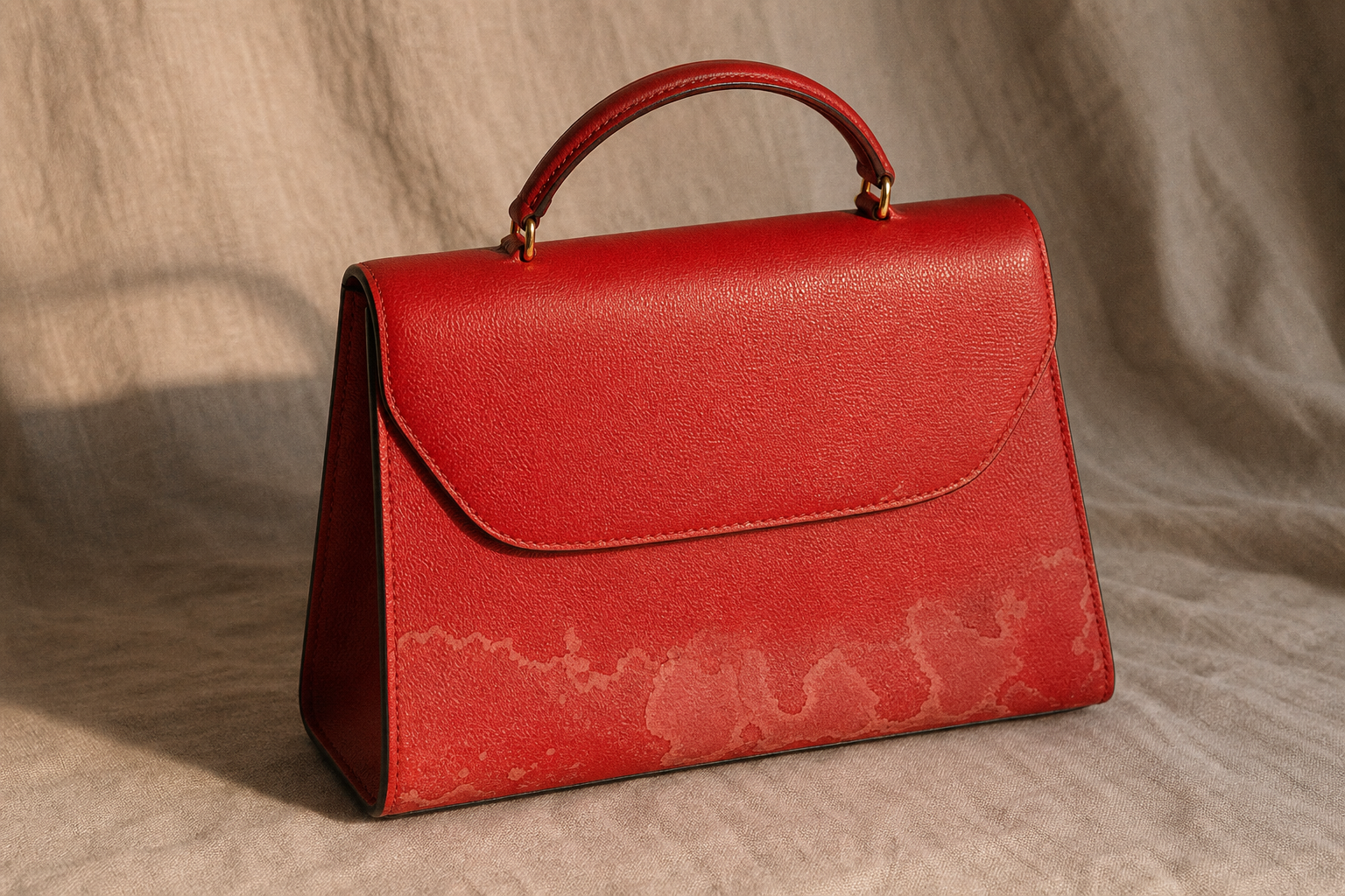 Before restoration: leather tote water damage