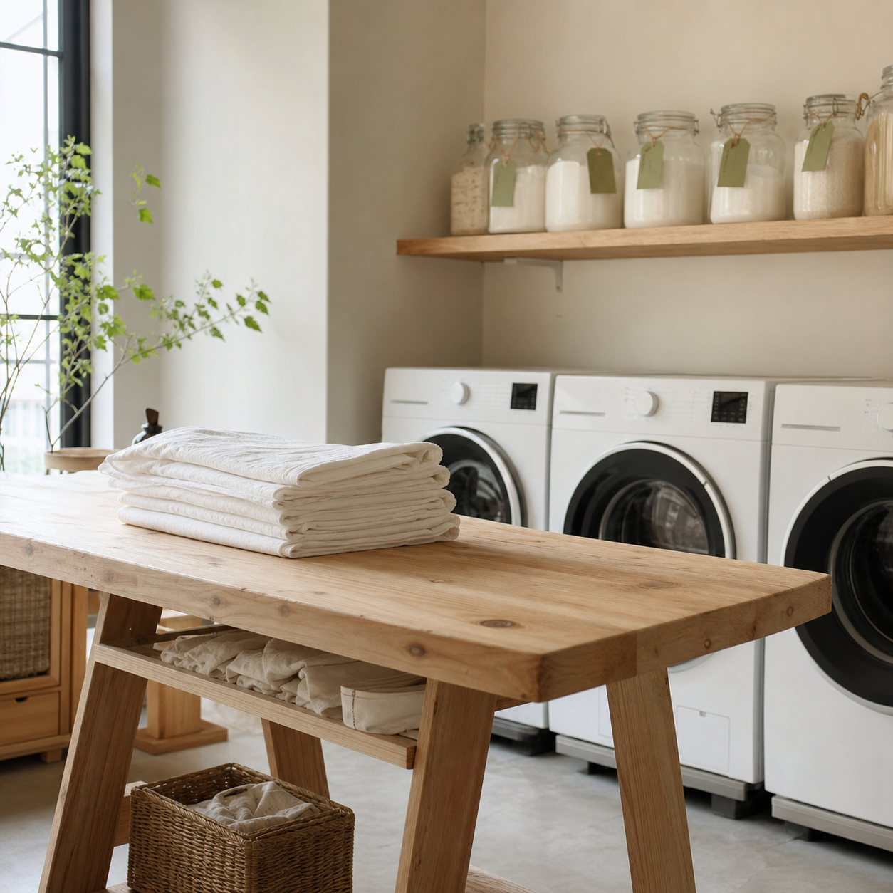 Craft-scale laundry workshop with pine folding table and folded white cotton