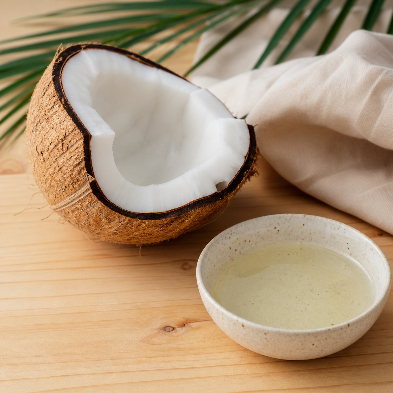 Cracked coconut and coconut oil on warm pine
