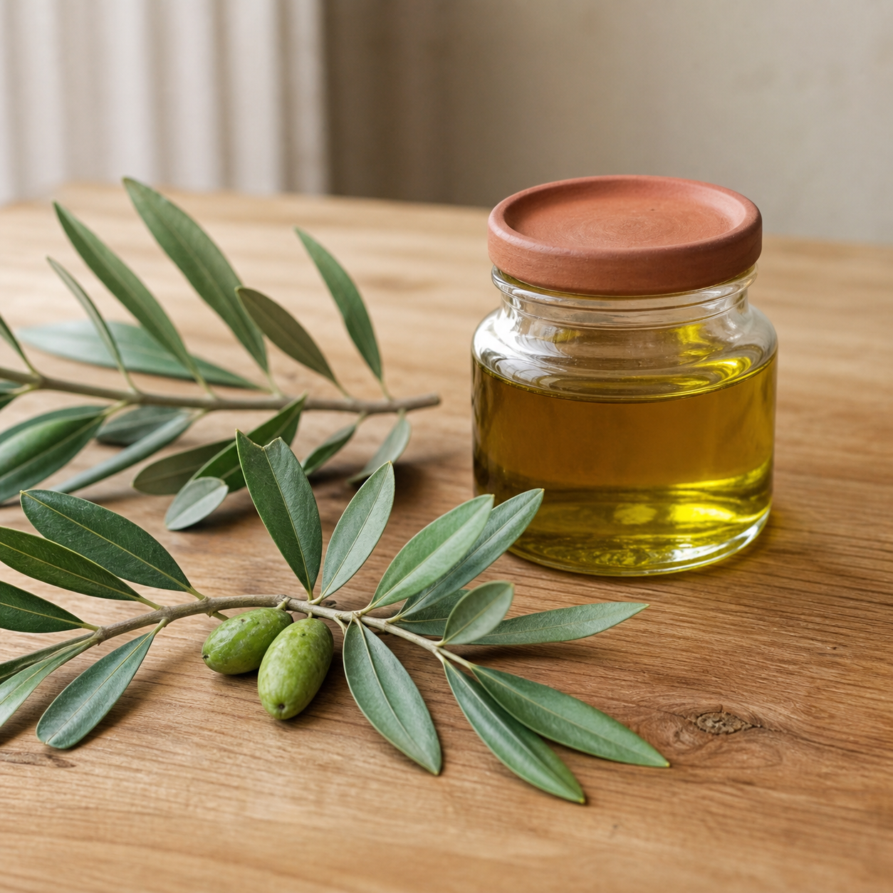 Olive oil and fresh olive branches on pine