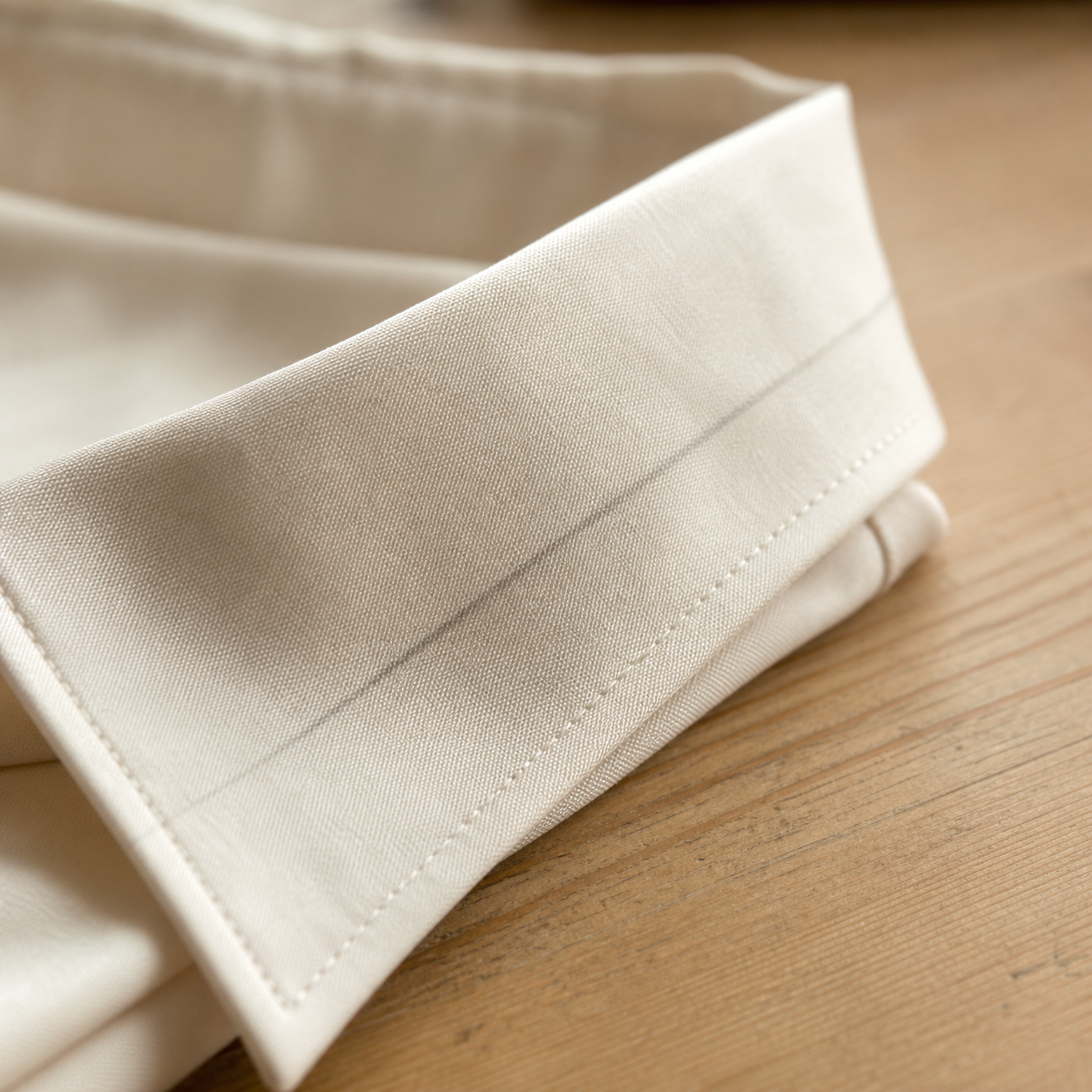 Synthetic blend shirt collar with a faint press line on a pine table