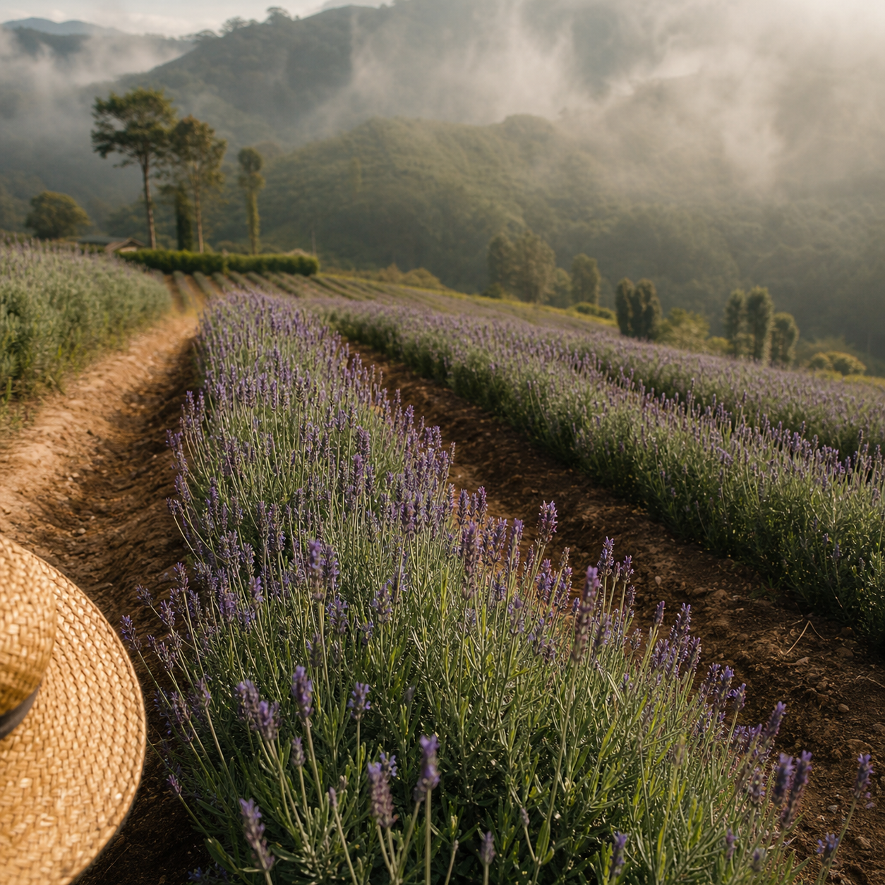 Lavender rows stretching toward a misted hillside in Cameron Highlands