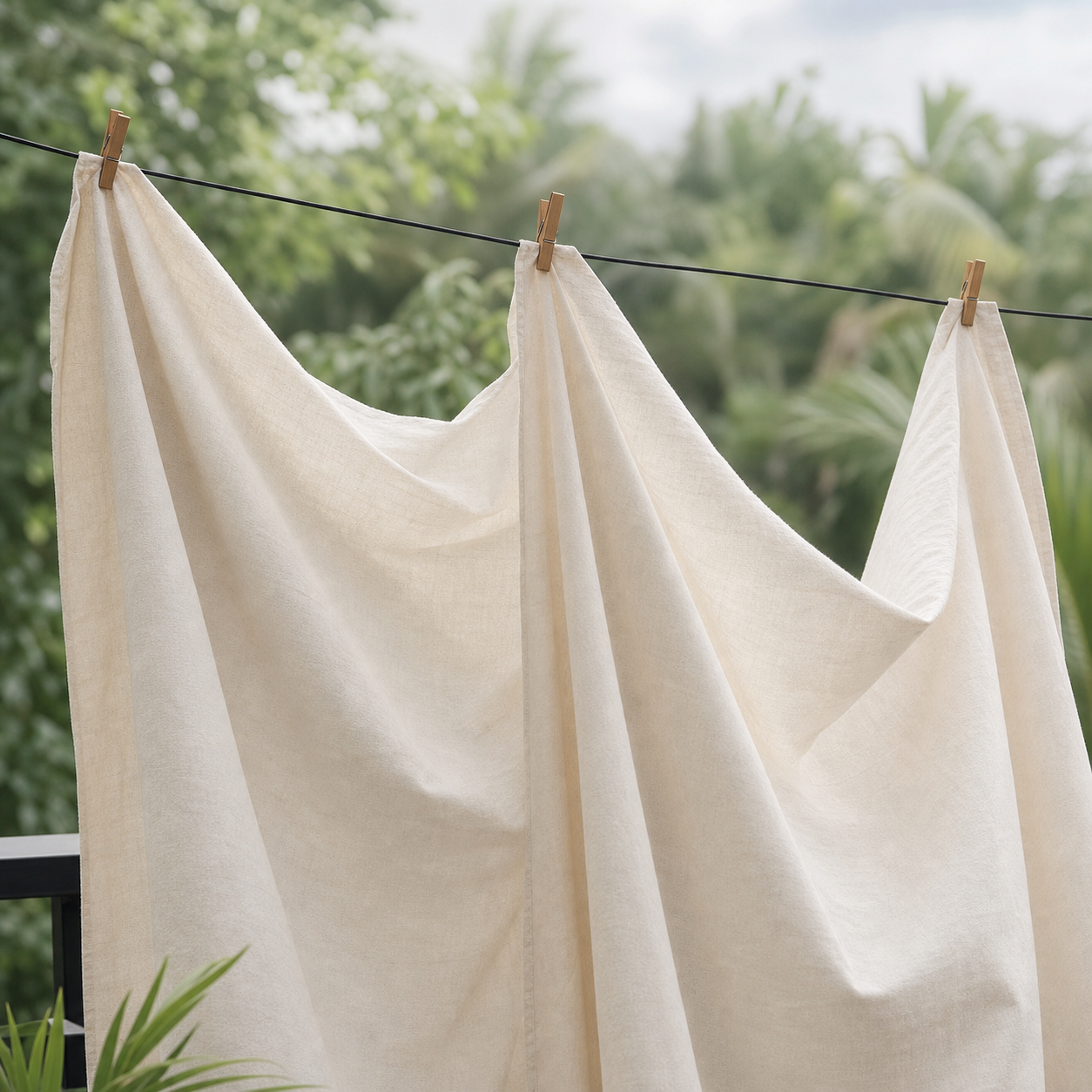 Unbleached cotton sheets pinned to a balcony clothes line