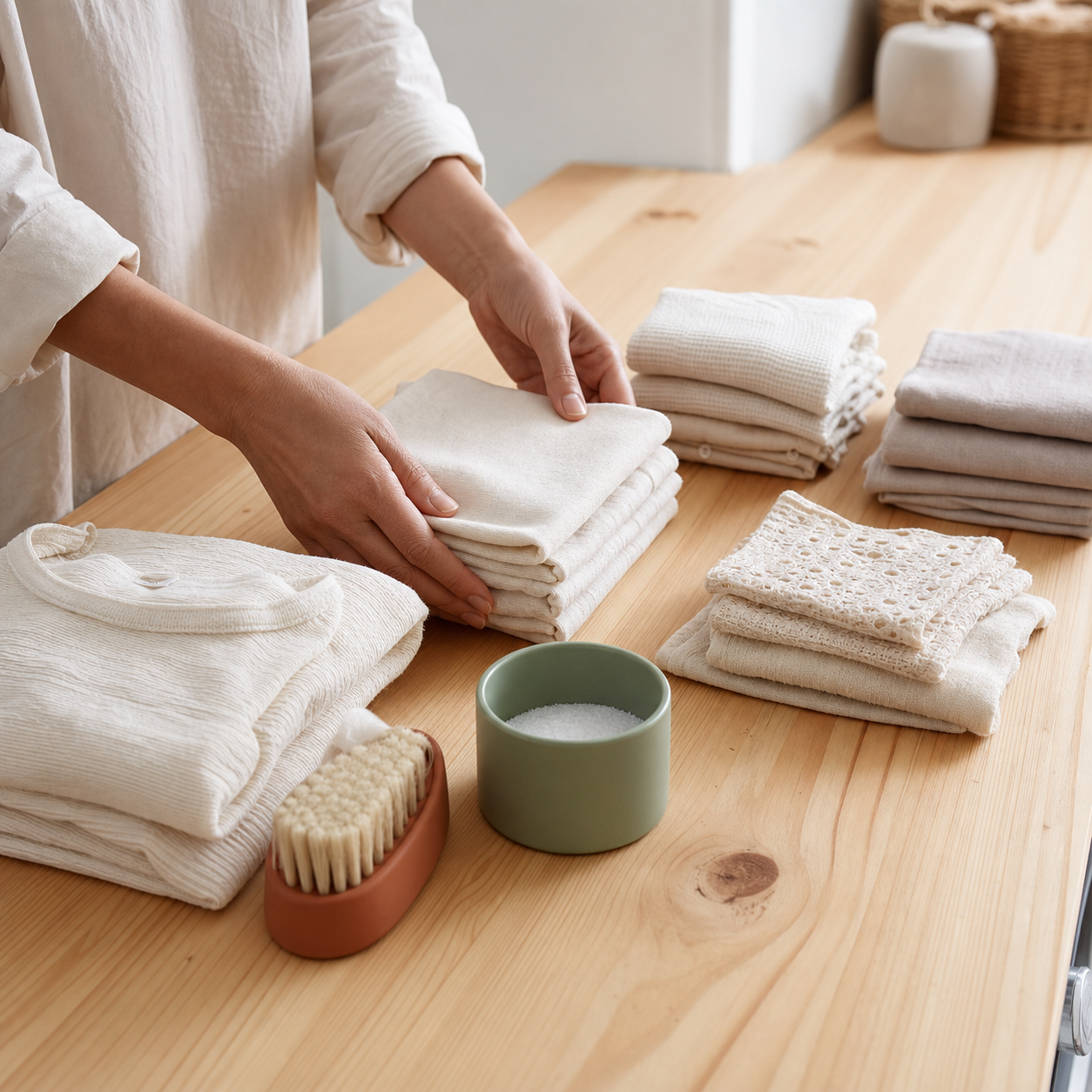 Laundry sorted by fibre on a long pine table