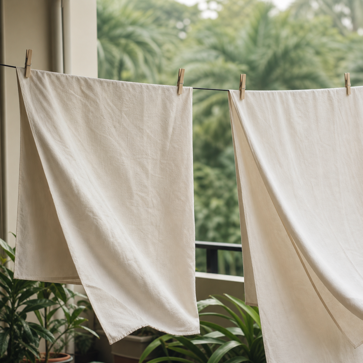 Cotton sheets drying on a north-facing clothes line