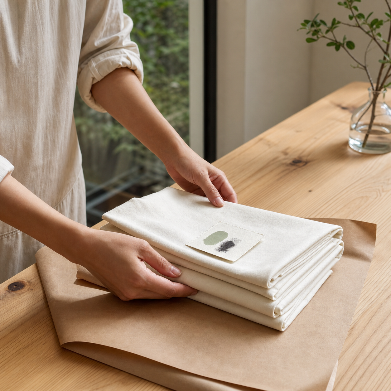 Hands folding cotton laundry on a pine table