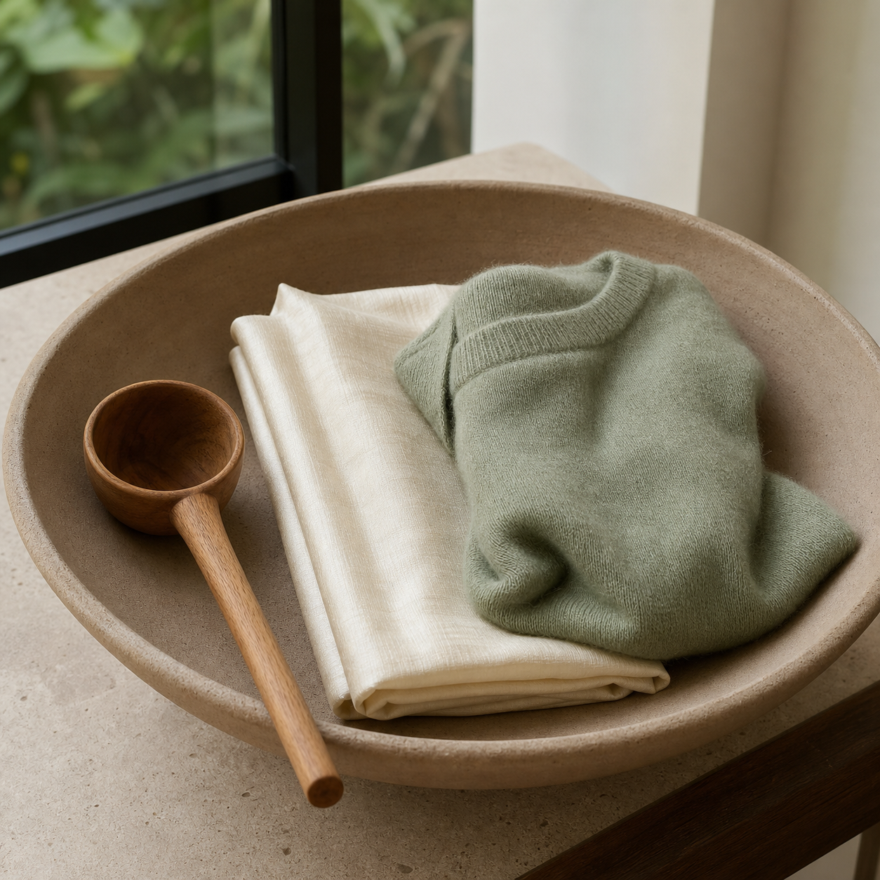 Folded ivory silk and cashmere on a ceramic basin
