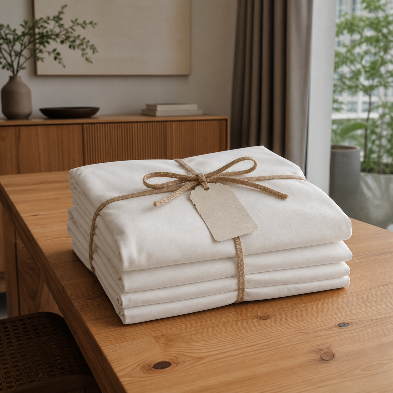 Folded white cotton percale sheets tied with jute ribbon
