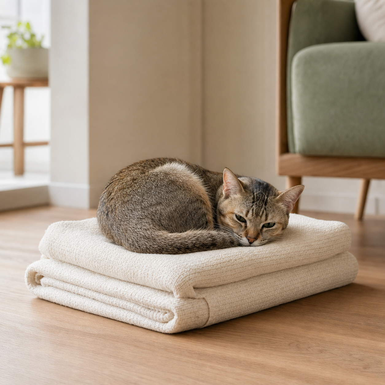 Small cat curled on a freshly folded cotton blanket