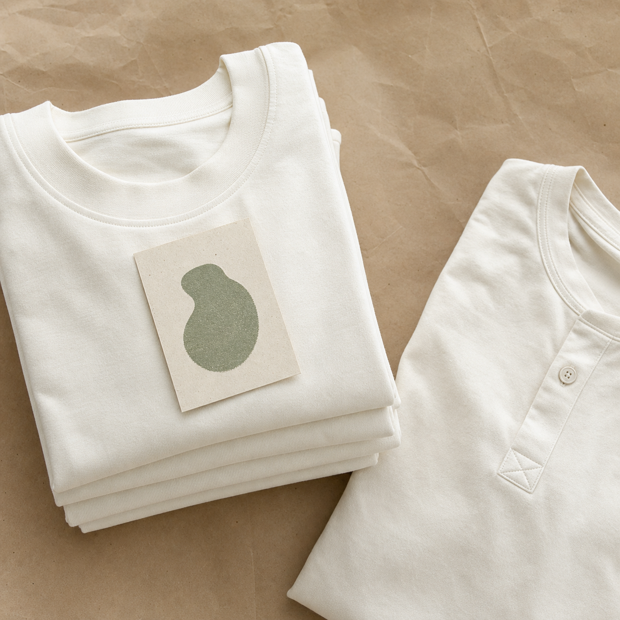 Folded clean cotton t-shirts and shirt on unbleached kraft paper
