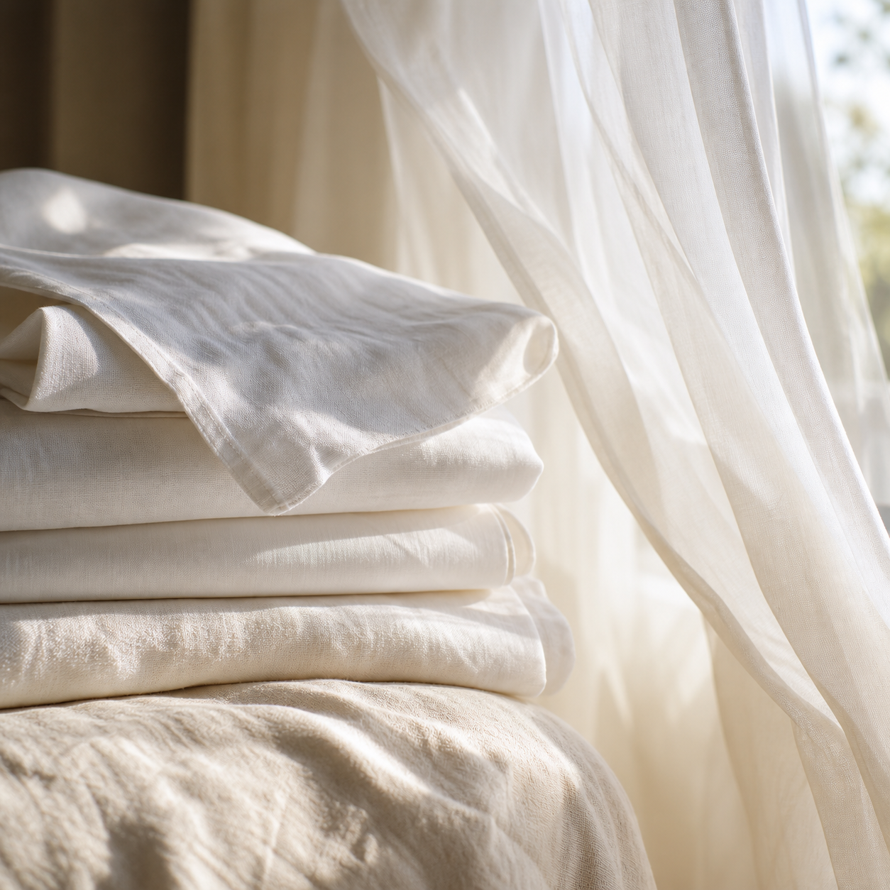 Fresh white linens airing in soft window light