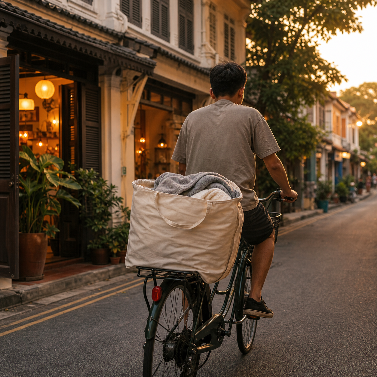 A delivery rider with a laundry bag on a warm evening street
