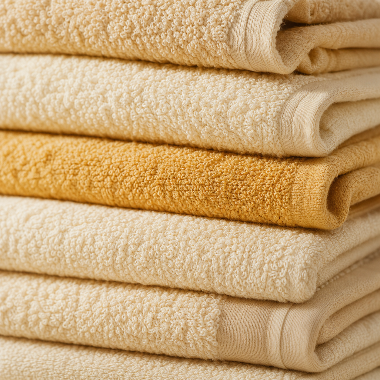 Close-up of freshly folded towels in warm cream tones