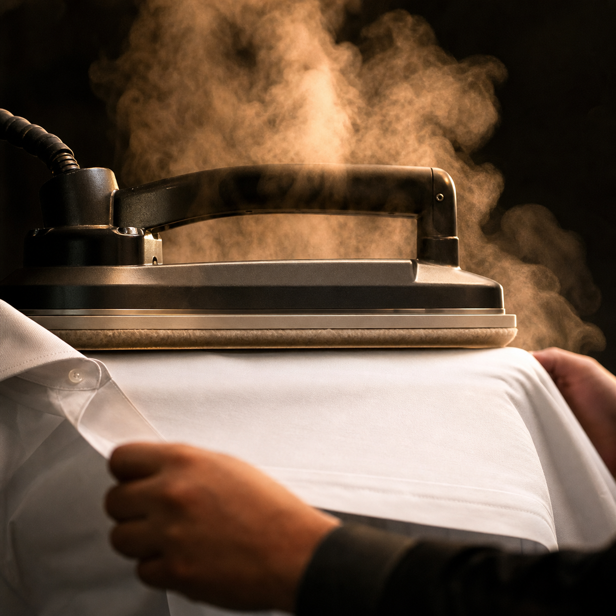 Steam rising from a press over a crisp white shirt