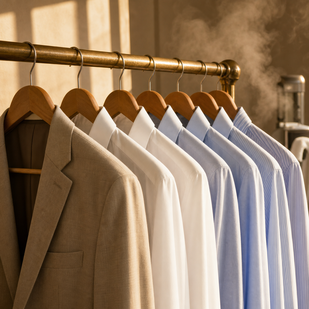 Pressed shirts and garments hanging in warm morning light