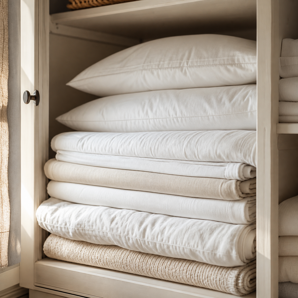 Crisp white bedding folded on a sunlit linen shelf