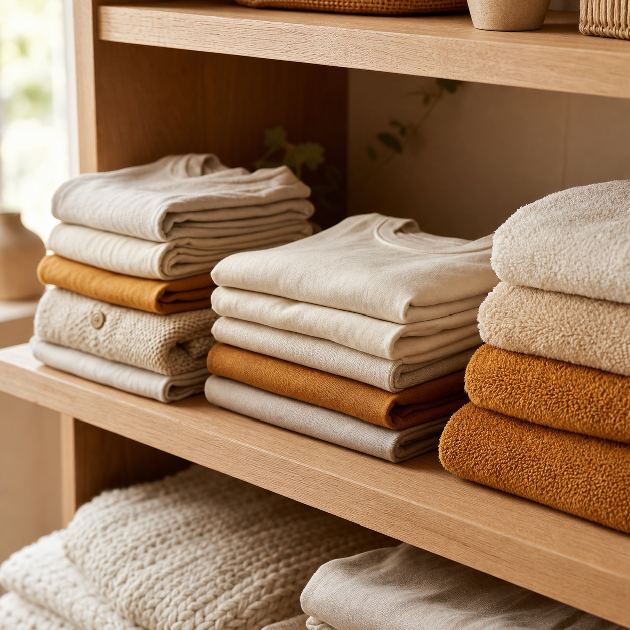 Neatly folded stacks of warm-toned laundry on a cream shelf