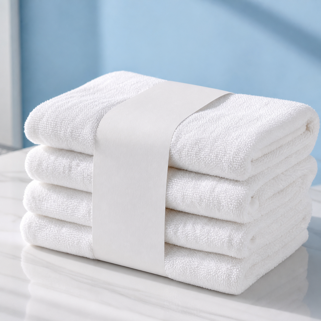 Stack of freshly folded towels tied with a plain paper band