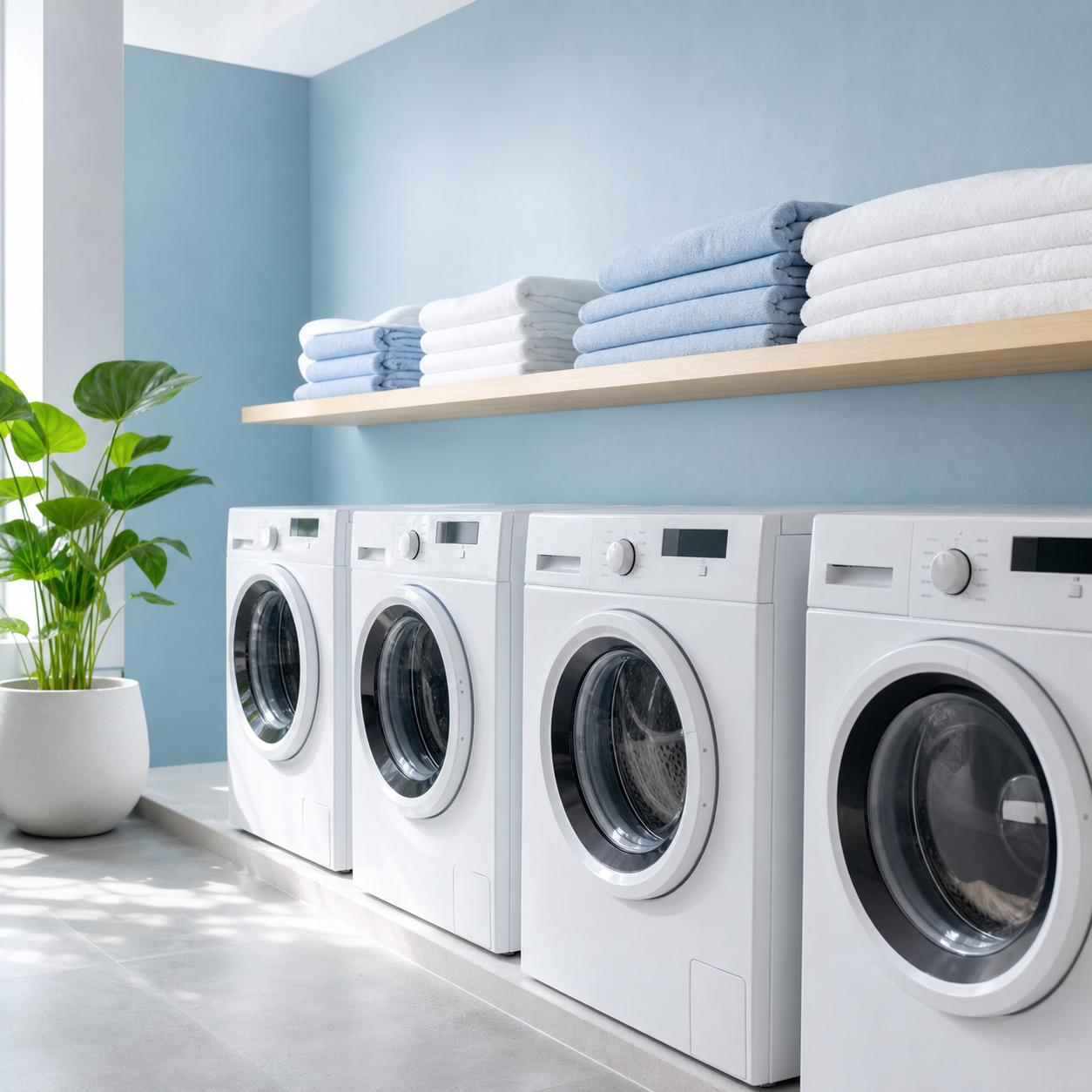 Calm laundry studio interior with white machines and a sky-blue feature wall