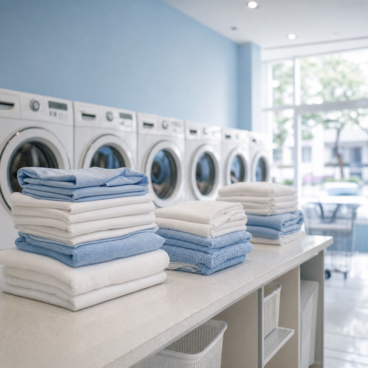Sunlit laundry studio counter with stacks of neatly folded white and sky-blue linens