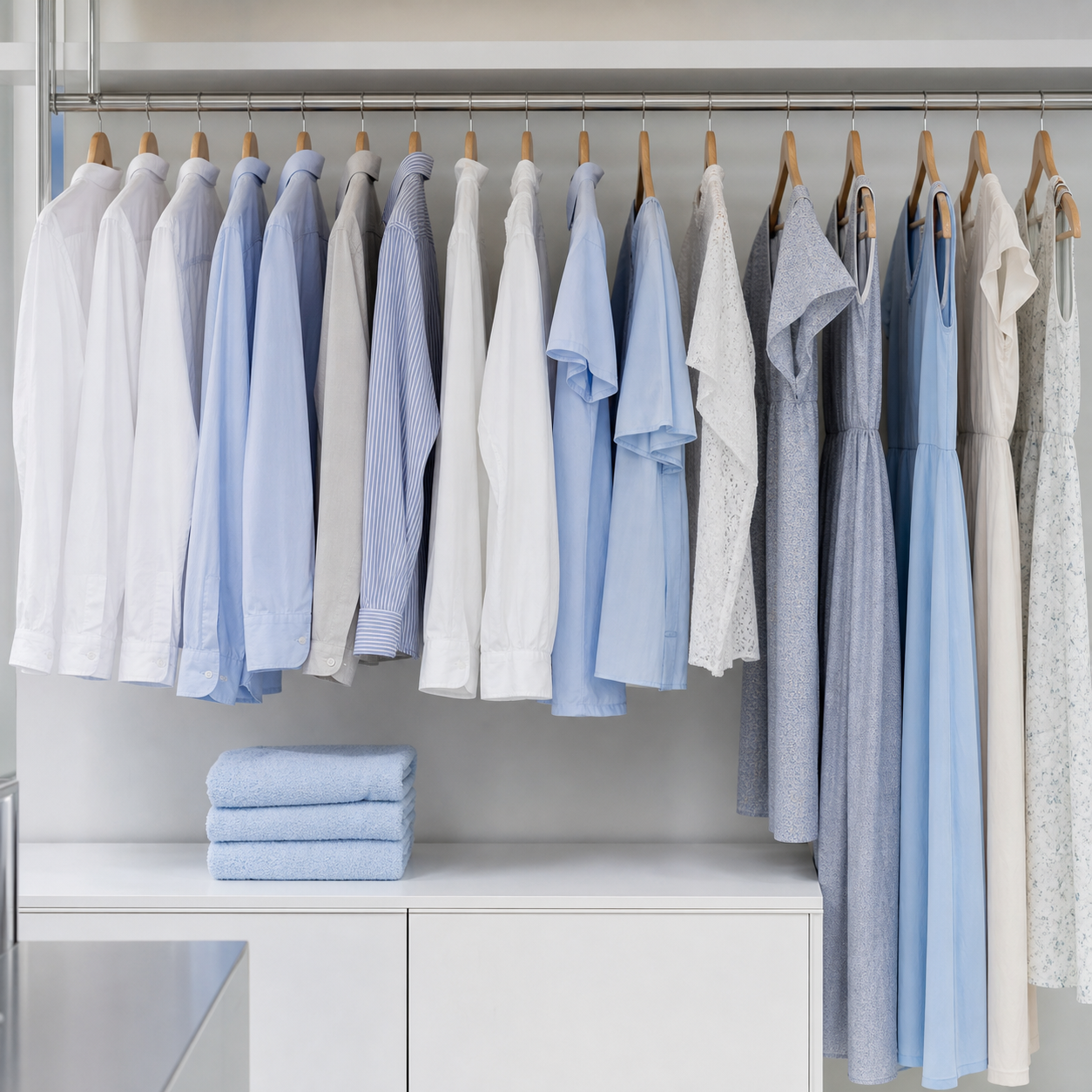Rows of freshly pressed garments hanging above a tidy white counter