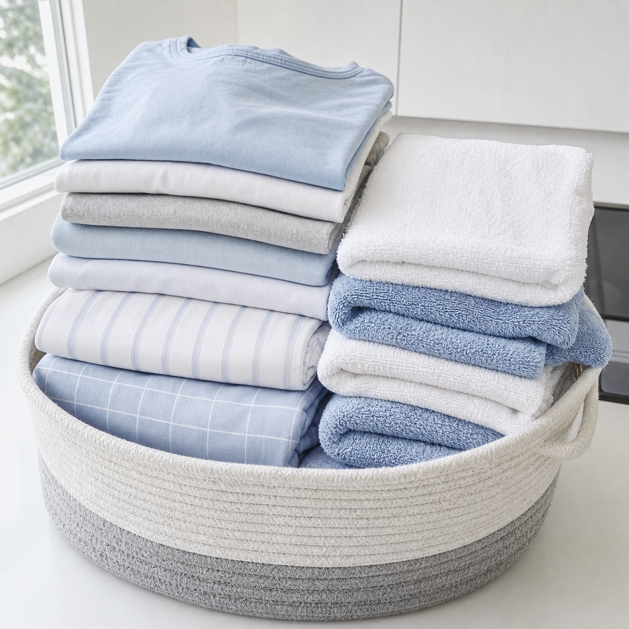Freshly folded everyday laundry stacked in a pale woven basket on a white counter