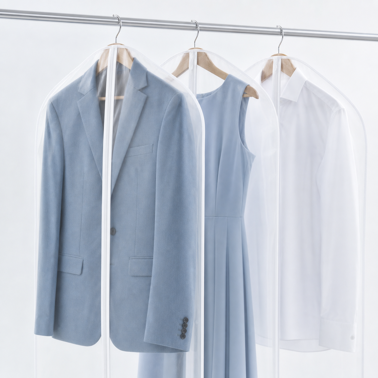 Tailored garments on slim wooden hangers under plain protective covers
