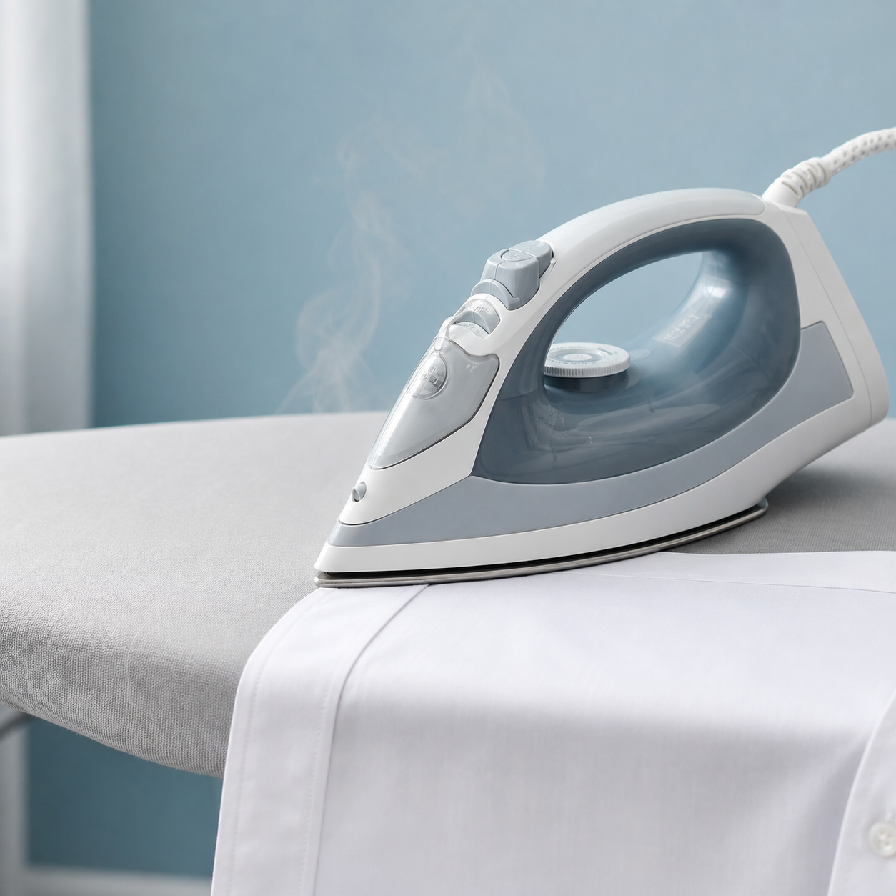 Steam iron resting beside a crisp white shirt on a clean ironing board