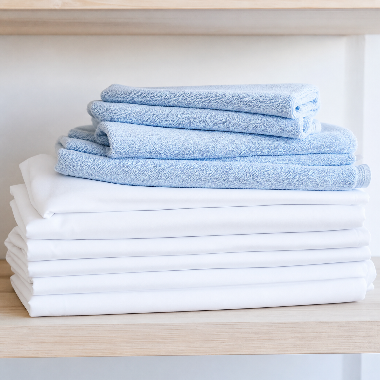 Pressed white bedsheets and folded sky-blue towels on a pale wooden shelf